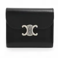 【美品】CELINE セリーヌ トリオンフコンパクトウォレットブラック 中古美品 セリーヌ トリオンフ スモールフラップウォレット レザー コンパクト
