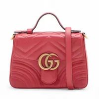 グッチ GGマーモント バンブー ストロー×レザー ハンドバッグ ブラウン