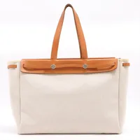 エルメス エールバッグ カバスMM トワルアッシュ×レザー ベージュ シルバー金具