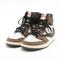 ナイキ×トラヴィススコット AIR JORDAN 1 レザー×スエード ハイカットスニーカー 27.5cm ホワイト×ブラウン ＡＢランク