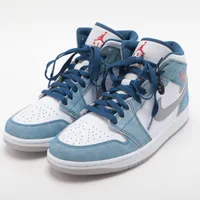 ナイキ AIR JORDAN 1 MID SE レザー×ファブリック ハイカットスニーカー 26.5cm ブルー×ホワイト Ａランク