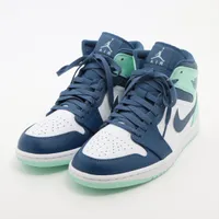 ナイキ AIR JORDAN 1 MID レザー×ファブリック ハイカットスニーカー 26.5cm ブルー×ホワイト Ａランク