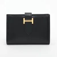 エルメス ベアンミニ ボックスカーフ カードケース ブラック ゴールド金具 Ａランク