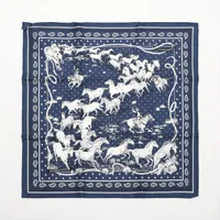 エルメス カレ55 Les Mustangs Bandana 野生馬 シルク スカーフ ネイビー Ａランク