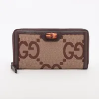 グッチ ジャンボGG バンブー 658634 キャンバス×レザー ラウンドジップウォレット ベージュ×ブラウン ＡＢランク