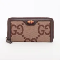 グッチ ジャンボGG バンブー 658634 キャンバス×レザー ラウンドジップウォレット ベージュ×ブラウン ＡＢランク