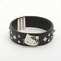 スワロフスキー×ハローキティ スタッズ メタル×ラインストーン×レザー ブレスレット ブラック×シルバー