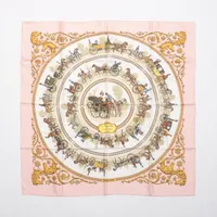 HERMES エルメスシルク100％スカーフロンシャン競馬場ピンク