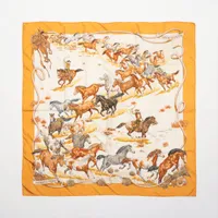 エルメス カレ90 LES MUSTANGS 野生馬 シルク スカーフ マスタード ＡＢランク