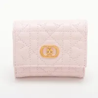 ディオール レディディオール カナージュ レザー コンパクトウォレット ピンク Ａランク