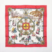 エルメス カレ90 Joies d’Hiver 冬の愉しみ シルク スカーフ レッド ＡＢランク