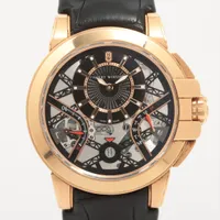 ハリーウィンストン オーシャン バイレトログラード RG×革 AT スケルトン文字盤