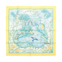 エルメス カレ90 Au bord de l’eau 翡翠鳥 シルク スカーフ ジョーヌシトロン Ａランク