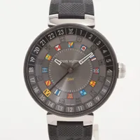 ルイ・ヴィトン タンブール ムーンデュアルタイム GMT QA097 SS×ラバー QZ グレー文字盤