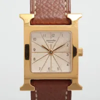 エルメス Hウォッチ HH1.210 GP×革 QZ シルバー文字盤