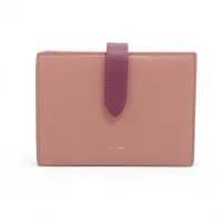 セリーヌ ロゴ ミディアムストラップ レザー コンパクトウォレット ピンクベージュ