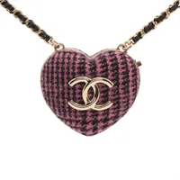 シャネル ココマーク ハート ツイード×レザー ネックレス B22K ピンク×ゴールド