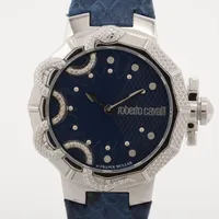 ロベルトカヴァリ SS×革 QZ 青文字盤