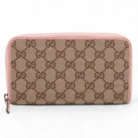 グッチ GGキャンバス 363423 キャンバス×レザー ラウンドジップウォレット ベージュ×ピンク