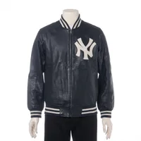 シュプリーム×ヤンキース レザー ジャケット S ネイビー