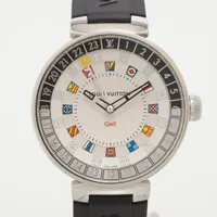 ルイ・ヴィトン タンブール ムーンデュアルタイム GMT QA096 SS×ラバー QZ シルバー文字盤