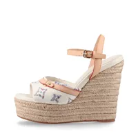 ヴィトン ヘリオスライン キャンバス×レザー ウェッジソールサンダル 24年 36 アイボリー×ベージュ