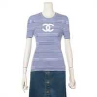 シャネル ココマーク コットン 半袖ニット 40 ブルー×ホワイト