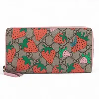 グッチ GGスプリーム チェリー 573865 PVC×レザー ラウンドジップウォレット ベージュ×ピンク