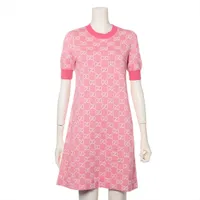 グッチ GGジャカード コットン×ウール ニットワンピース XS ピンク×ホワイト