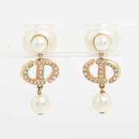 ディオール CD Navy CDネイビー GP×ラインストーン×フェイクパール ピアス(両耳用) ゴールド