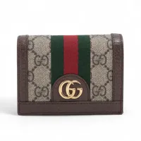 グッチ オフィディア GGスプリーム 523155 PVC×レザー コンパクトウォレット ブラウン