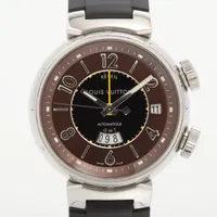 ルイ・ヴィトン タンブール レヴェイユ GMT Q1151 SS×ラバー AT ブラウン文字盤