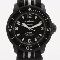 ブランパン×スウォッチ フィフティファゾムス オーシャンズ オブ ストーム SO35B400 CE×ナイロン AT ブラック文字盤